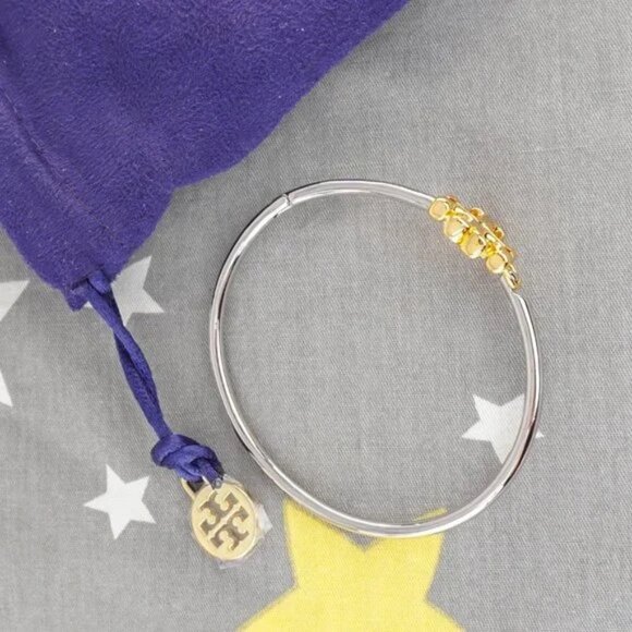 Tory Burch Eleanor Hinged Cuff Bracelet in Gold / Silver. - Picture 6 of 6